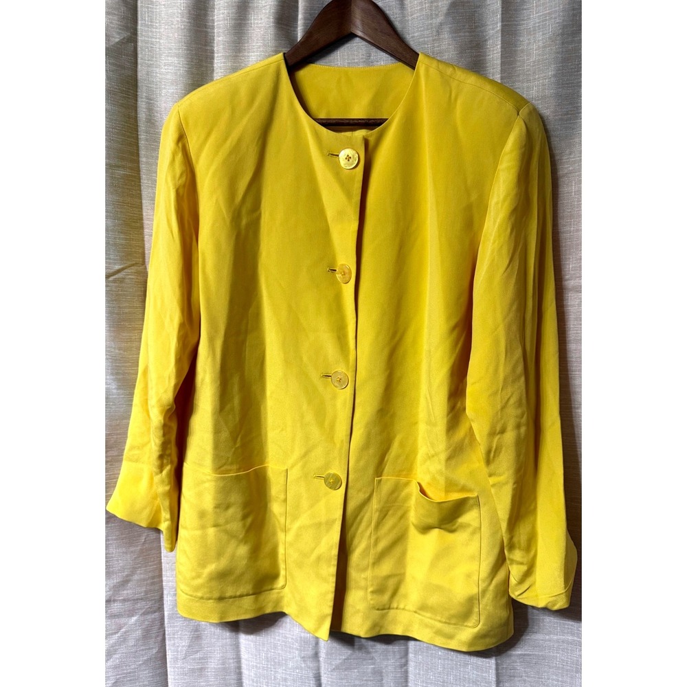 Women's Vintage Over-Size Dana Buchman Yellow Silk Button up Jacket W/Pockets 10